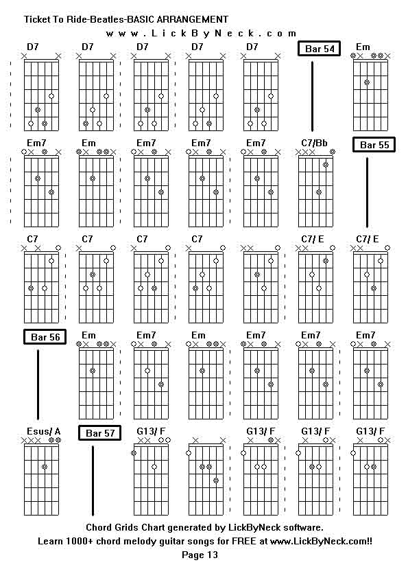 Chord Grids Chart of chord melody fingerstyle guitar song-Ticket To Ride-Beatles-BASIC ARRANGEMENT,generated by LickByNeck software.